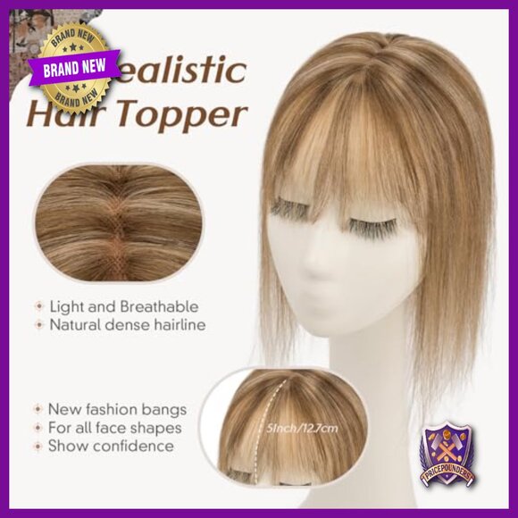 Real Human Hair Topper with Bangs 150% Density 12 Inch Clip In